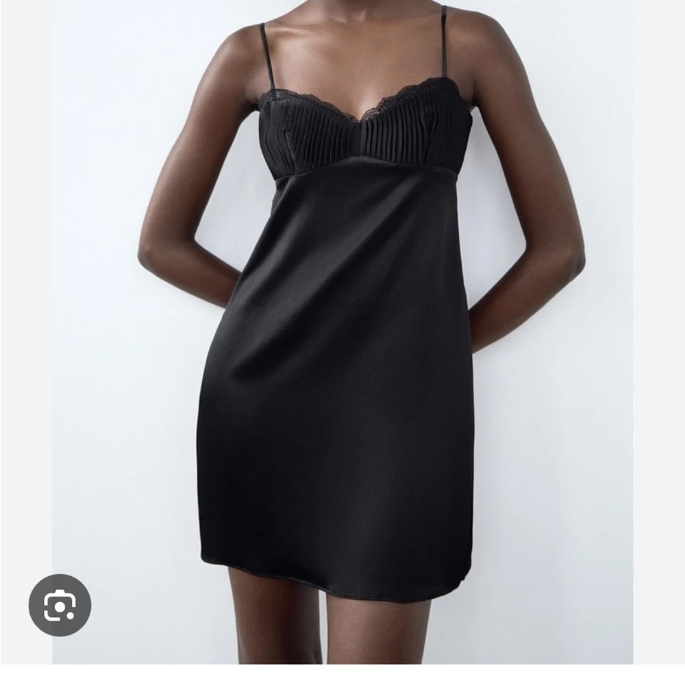 Zara satin pleated Black Lace Trim Slip Dress
